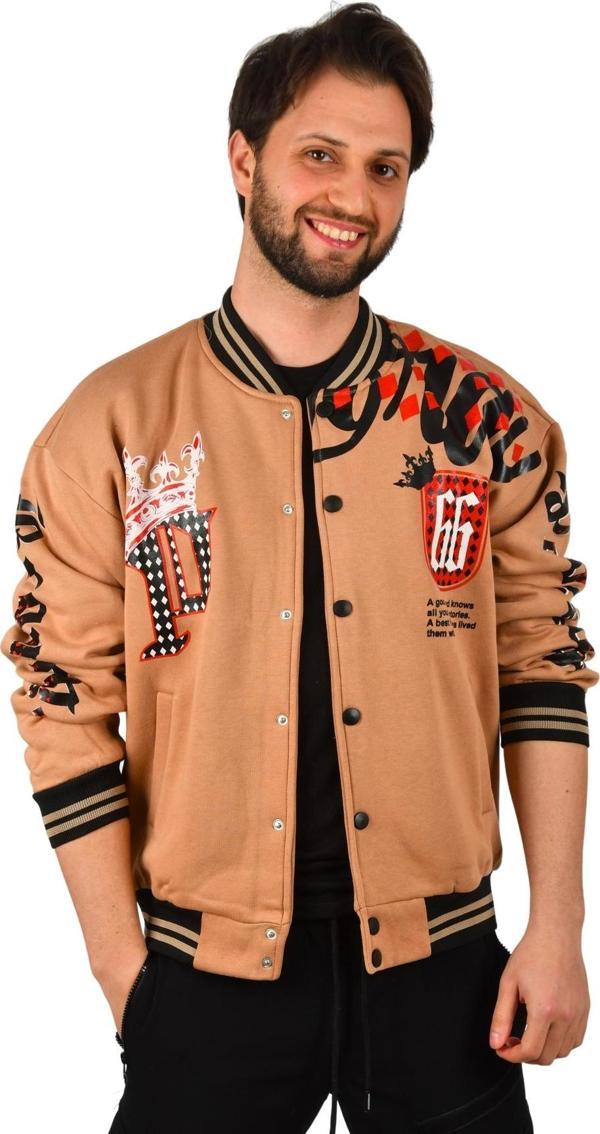 DeepSEA Erkek Kahve Kolları Önü ve Arkası Baskılı Üç İplik Çıtçıtlı Kolej Mont 2304764 - Image 1