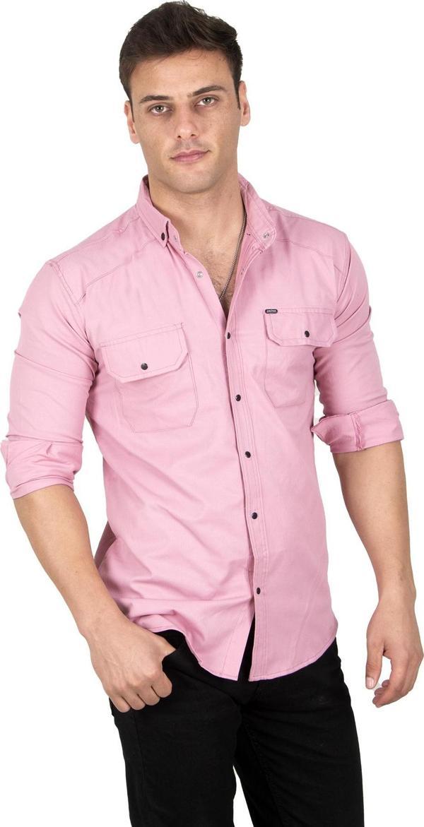 DeepSEA Erkek Pembe Likralı İnce Fitilli Çıtçıtlı Çift Cepli Dar Kesim Gabardin Gömlek 2300421 - Image 1
