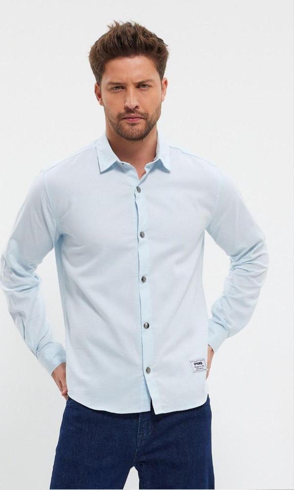 DeepSEA Erkek Buz Mavisi Slim Fit Likralı Uzun Kollu Çıt çıtlı Düz Gömlek 2403013 - Image 1