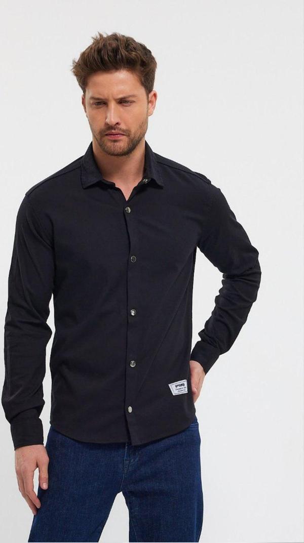 DeepSEA Erkek Siyah Slim Fit Likralı Uzun Kollu Çıt çıtlı Düz Gömlek 2403013 - Image 1