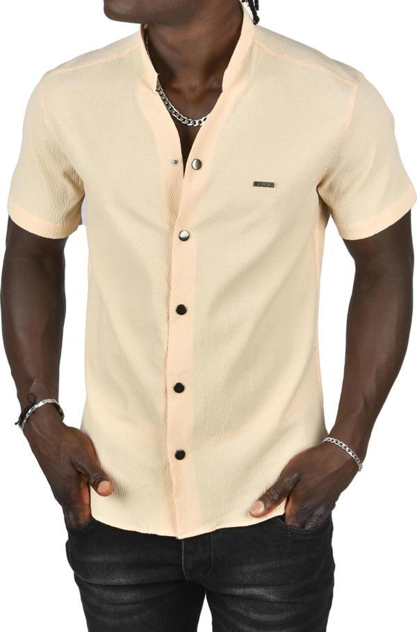 DeepSEA Erkek Bej Gofre Kumaş Hakim Yaka Slim Fit Likralı Çıtçıtlı Kısa Kollu Gömlek 2403018 - Image 1
