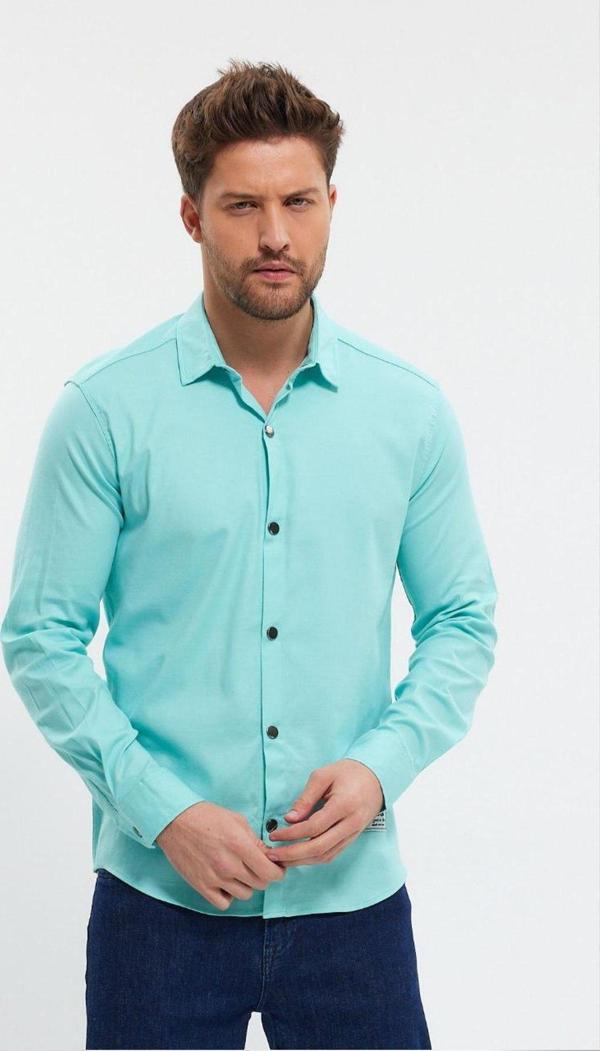 DeepSEA Erkek Turkuaz Slim Fit Likralı Uzun Kollu Çıt çıtlı Düz Gömlek 2403013 - Image 1