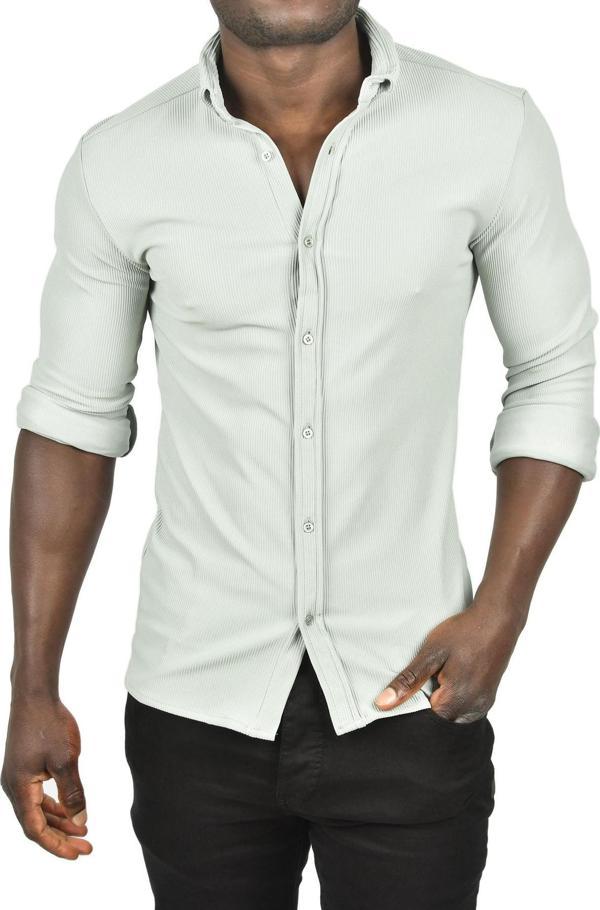 DeepSEA Erkek Mint Yeşili Likralı Kumaşı Fitilli Slim Fit Uzun Kollu Gömlek 2500805 - Image 1