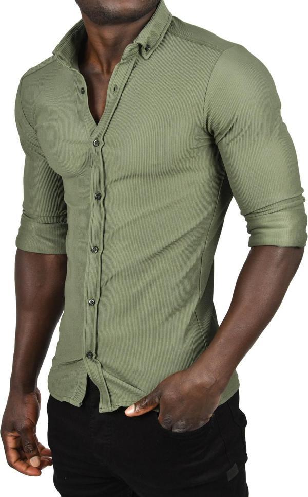 DeepSEA Erkek Haki Likralı Kumaşı Fitilli Slim Fit Uzun Kollu Gömlek 2500805 - Image 1
