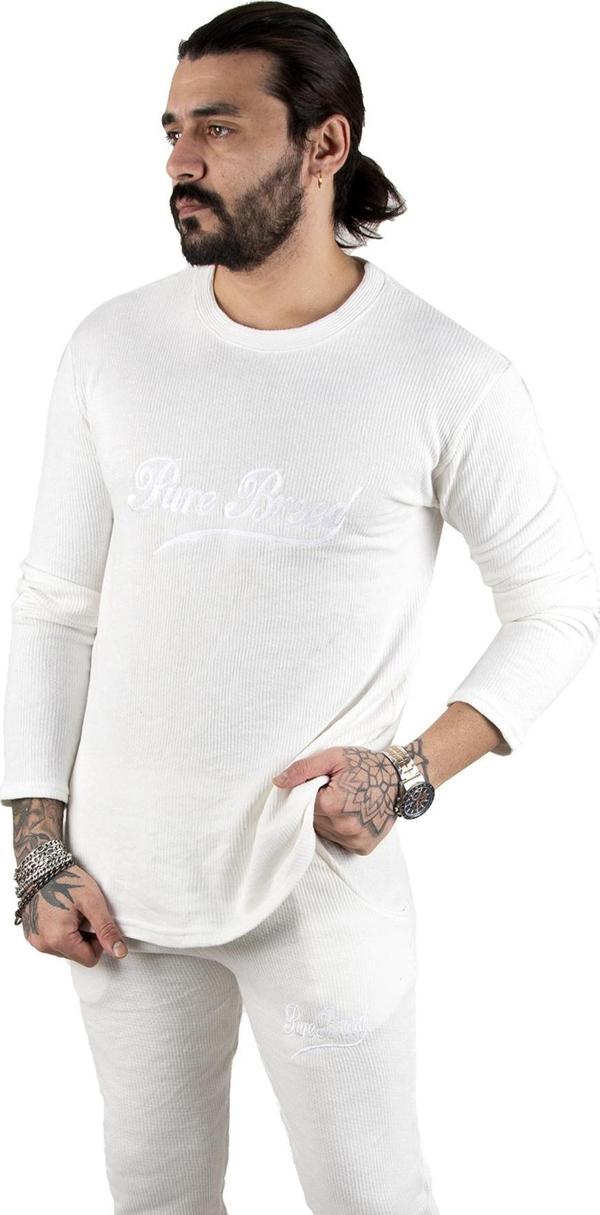 DeepSEA Erkek Beyaz Önü Nakışlı Bisiklet Yaka Paçası Lastikli Eşofman Takımı 2303034 - Image 1