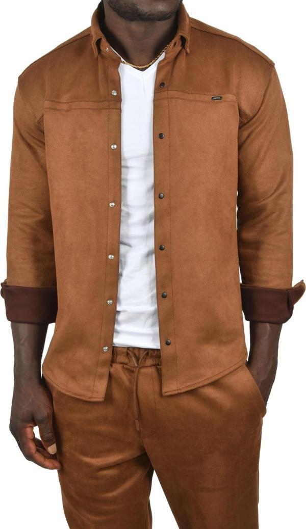 DeepSEA Erkek Kahve Likralı Çıtçıtlı Kırışmayan Süet Kumaş Slim Fit Cepsiz Mevsimlik Gömlek 2500556 - Image 1