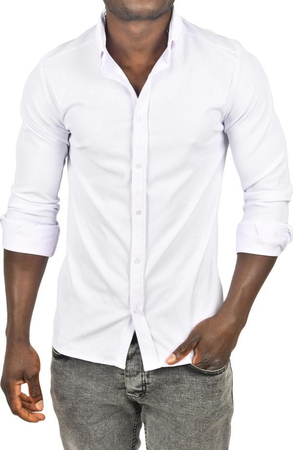 DeepSEA Erkek Beyaz Likralı Kumaşı Fitilli Slim Fit Uzun Kollu Gömlek 2500805 - Image 1