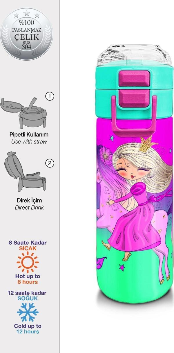 Coral High Kids Açık Pembe Mor Unicornlu Prenses Desenli Pipetli ve Direkt İçim Çelik Termos 500 ml 31802 - Image 1