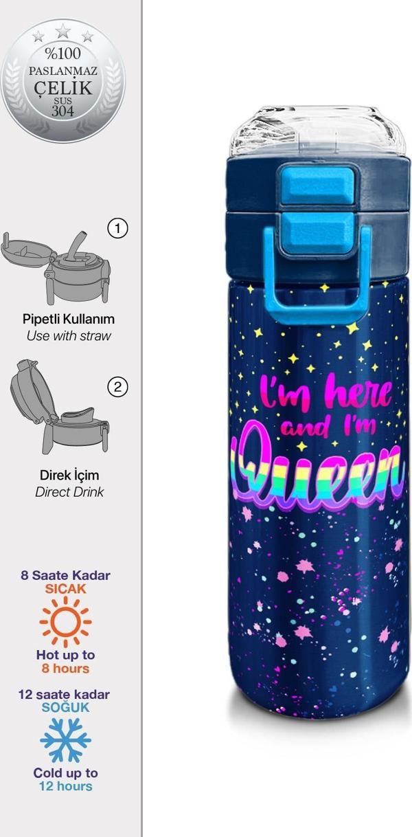 Coral High Kids Çok Renkli Lacivert Desenli Pipetli ve Direkt İçim Çelik Termos 500 ml 31848 - Image 1