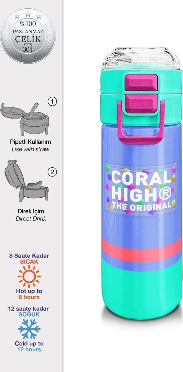 Coral High Kids Derin Mavi Renkli Pipetli ve Direkt İçim Çelik Termos 500 ml 31854 - Image 1