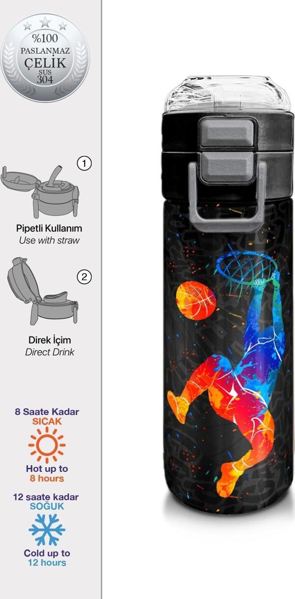 Coral High Kids Gri Basketbol Desenli Pipetli ve Direkt İçim Çelik Termos 500 ml 31856 - Image 1