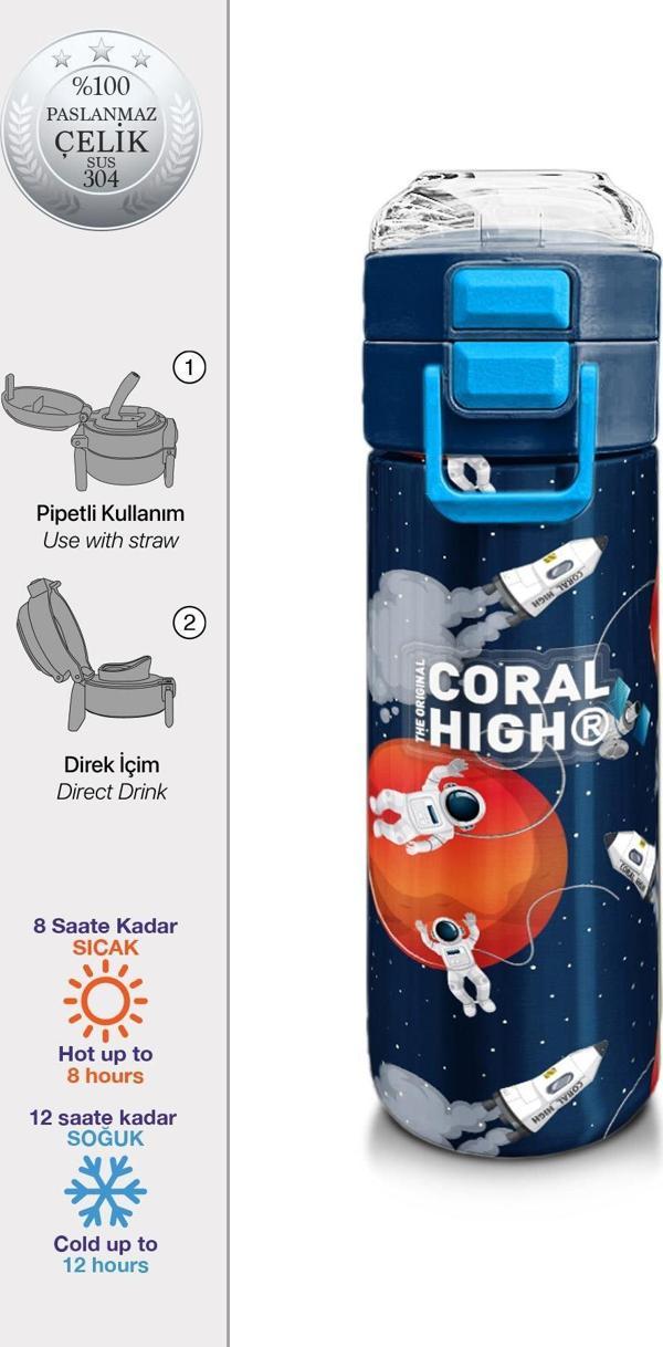 Coral High Kids Lacivert Mavi Astronot Desenli Pipetli ve Direkt İçim Çelik Termos 500 ml 31999 - Image 1