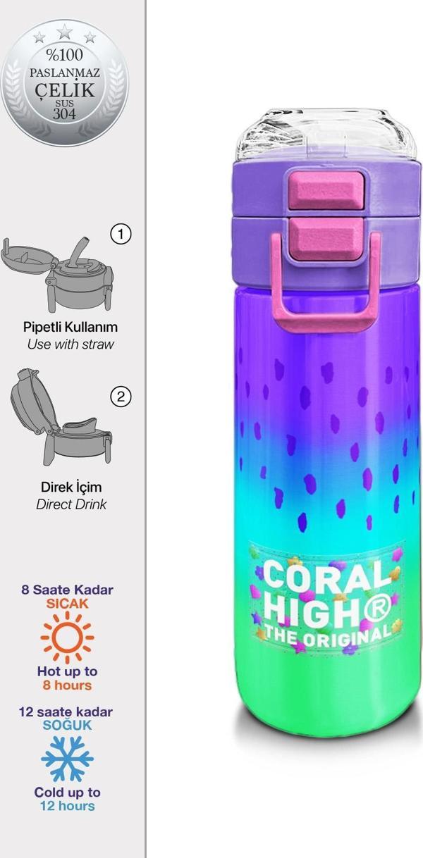 Coral High Kids Mor Lila Renk Geçişli Pipetli ve Direkt İçim Çelik Termos 500 ml 31850 - Image 1