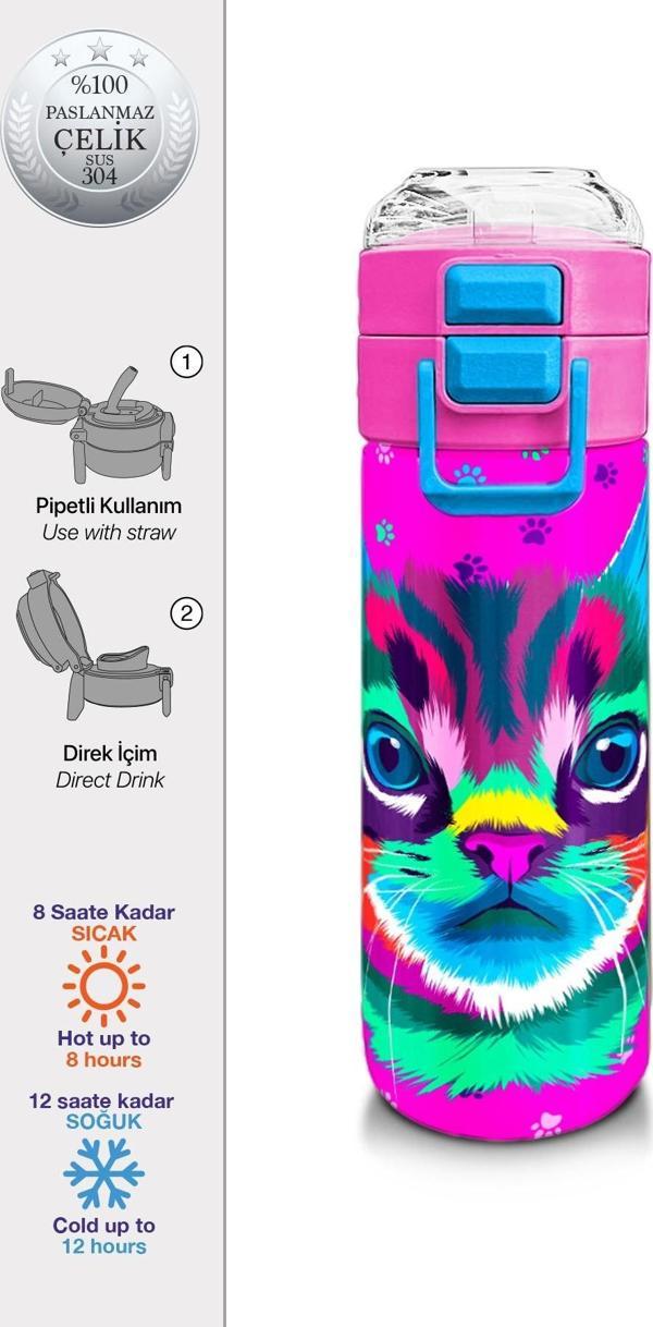 Coral High Kids Mor Pembe Kedi Desenli Pipetli ve Direkt İçim Çelik Termos 500 ml 31800 - Image 1