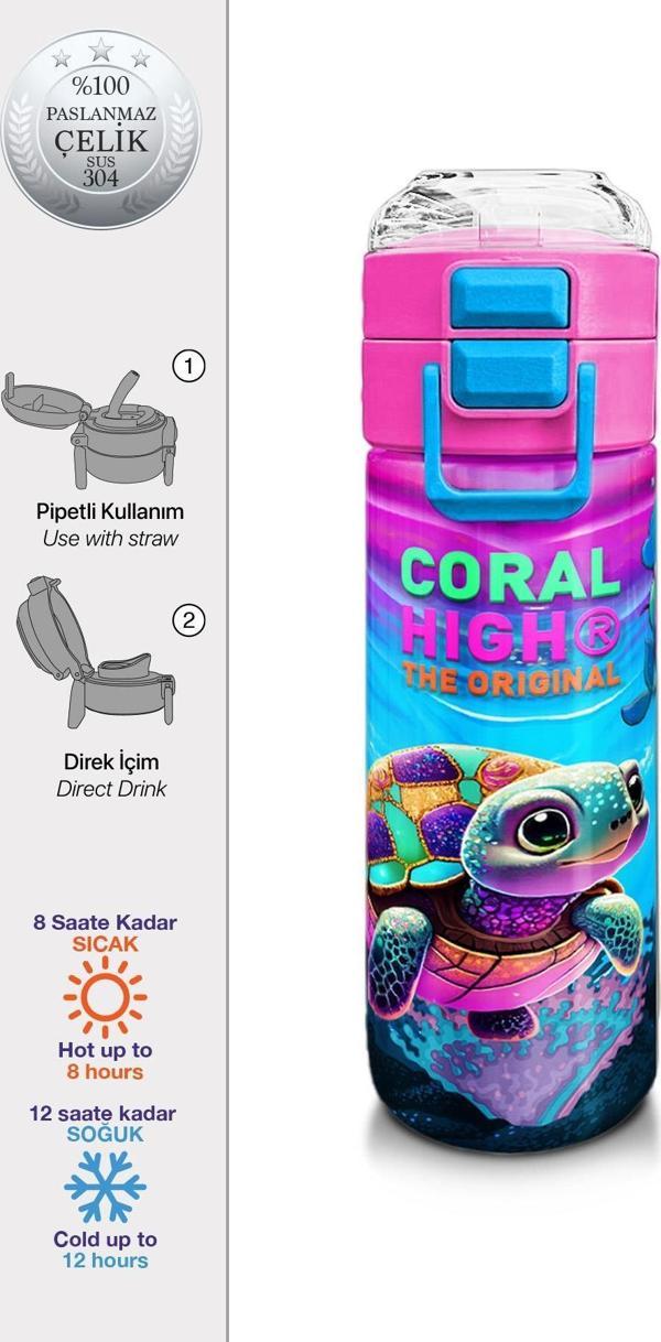 Coral High Kids Pembe Mor Kaplumbağa Desenli Pipetli ve Direkt İçim Çelik Termos 500 ml 31957 - Image 1