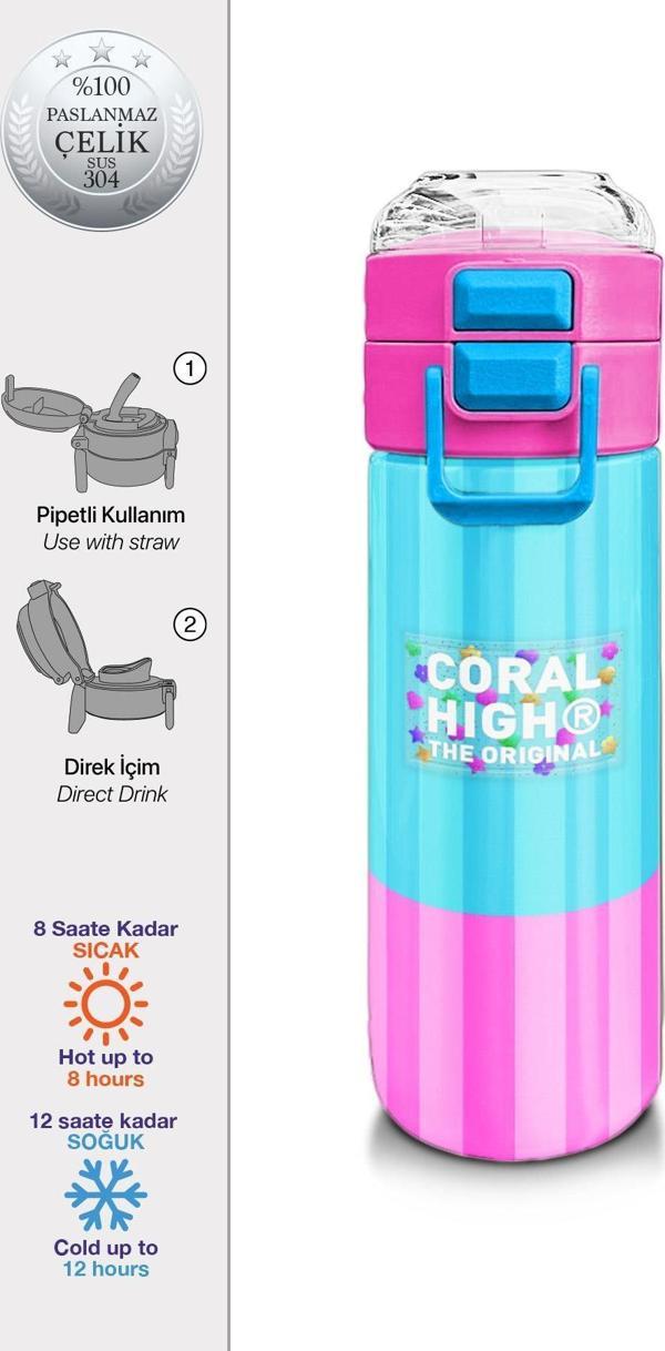 Coral High Kids Renkli Çizgili Desenli Pipetli ve Direkt İçim Çelik Termos 500 ml 31987 - Image 1