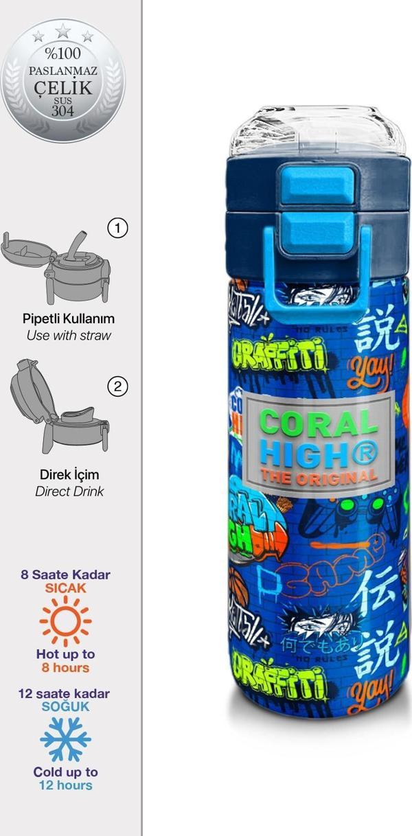 Coral High Kids Saks Grafiti Desenli Pipetli ve Direkt İçim Çelik Termos 500 ml 31968 - Image 1