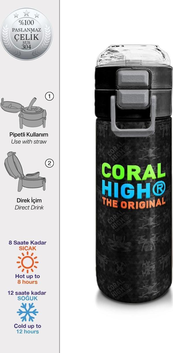 Coral High Kids Siyah Drone Desenli Pipetli ve Direkt İçim Çelik Termos 500 ml 31891 - Image 1