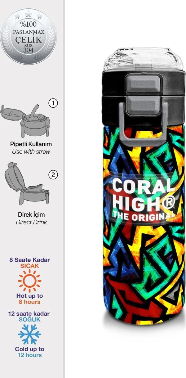 Coral High Kids Siyah Grafiti Desenli Pipetli ve Direkt İçim Çelik Termos 500 ml 31847 - Image 1