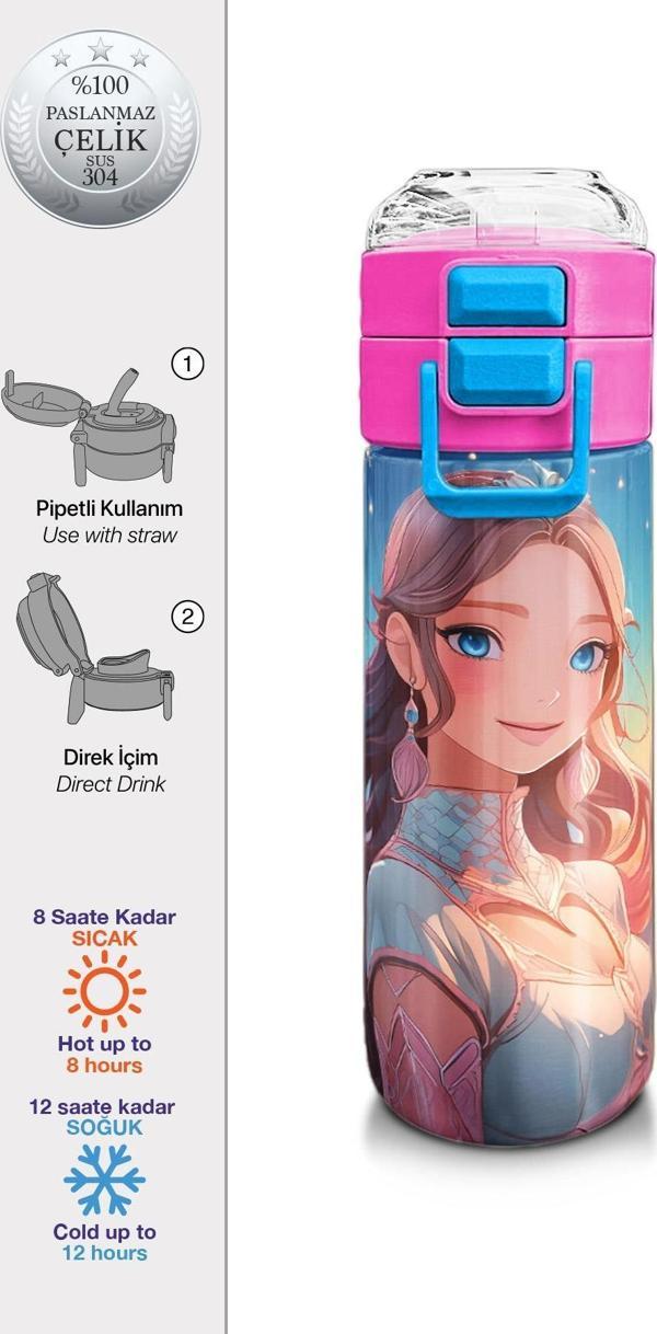 Coral High Kids Turkuaz Pembe Anime Kız Desenli Pipetli ve Direkt İçim Çelik Termos 500 ml 31858 - Image 1