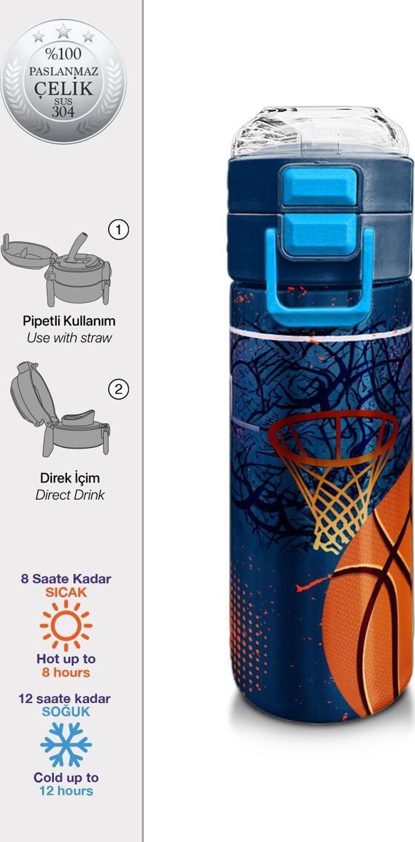 Coral High Kids Turuncu Lacivert Basketbol Desenli Pipetli ve Direkt İçim Çelik Termos 500 ml 31967 - Image 1