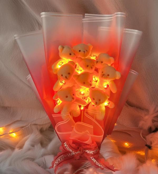 SOLE Sevgiliye Özel Kalp Led Işıklı Elegance 9 Peluş Ayıcık Buketi - Image 1