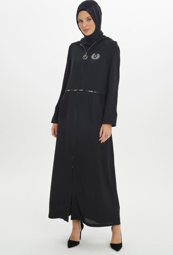 Kapüşonlu Cep Detaylı Siyah Pardesü 13187 - Image 1