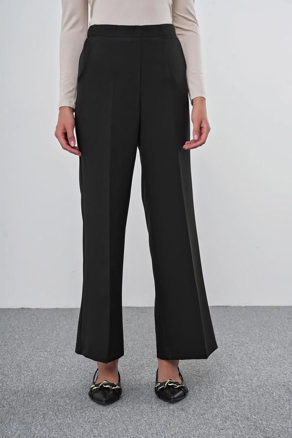 ZÜHRE Bel Lastik Detaylı Bol Paça Siyah Kumaş Pantolon P-0102 - Image 1