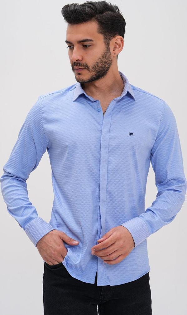 Basics&More Erkek Desenli Regular Gömlek Mavi 3XL - Image 1