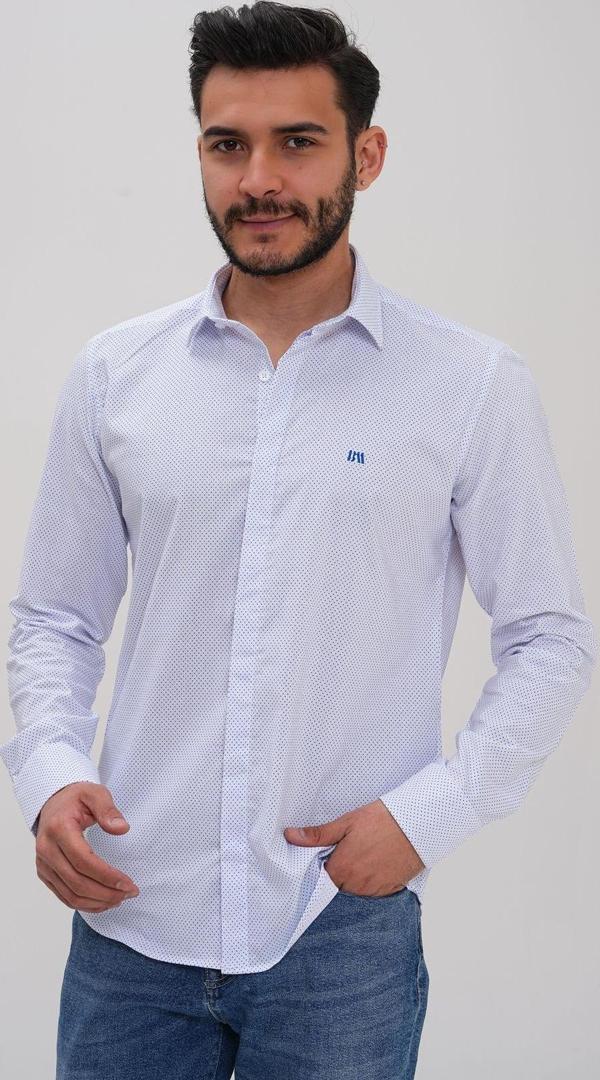 Basics&More Erkek Desenli Regular Gömlek Beyaz - Mavi S - Image 1