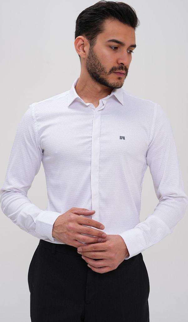 Basics&More Erkek Desenli Regular Gömlek Beyaz XL - Image 1