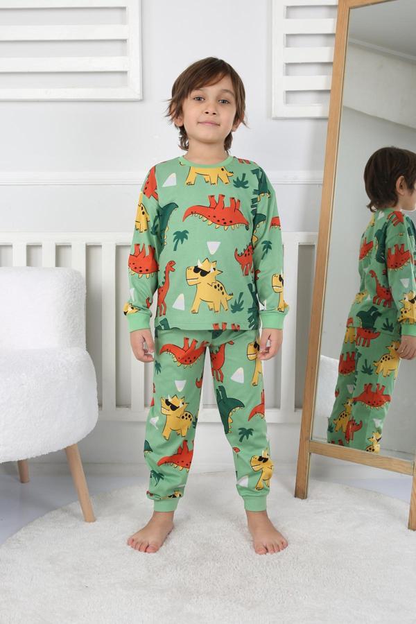 Dinozor Desenli Erkek Çocuk Pijama Takımı Yeşil 3-8 Yaş - Image 1