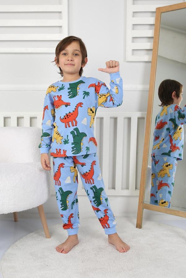Dinozor Desenli Erkek Çocuk Pijama Takımı Yeşil 3-8 Yaş - Image 1
