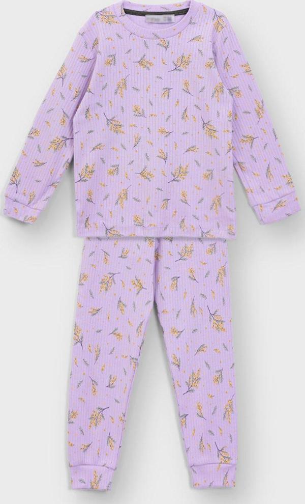 Başak Çiçeği Desenli Lila Fitilli İnterlok Kumaş %100 Pamuk Kız Çocuk Pijama Takımı - Image 1