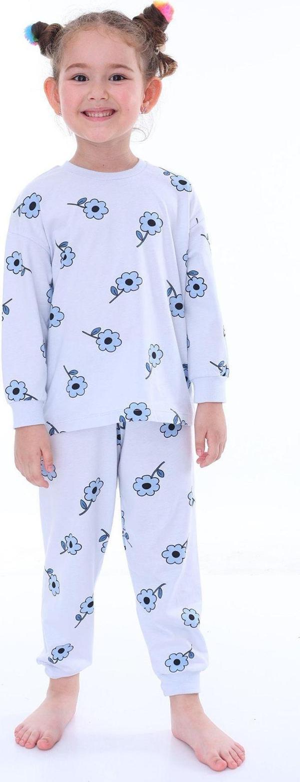 Çiçek Desenli Mavi Kız Çocuk Pijama Takımı - Image 1