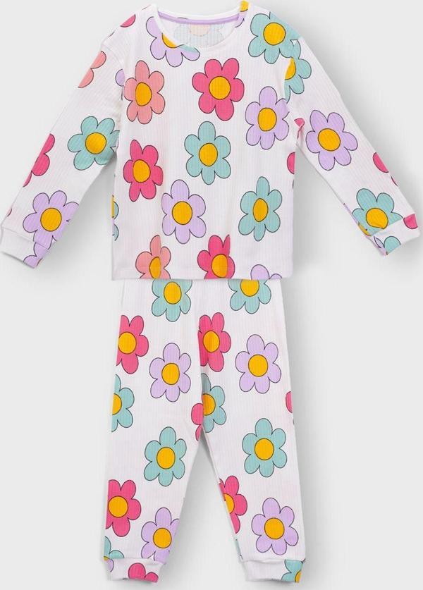 Colorful Daisy Desenli Fitilli İnterlok Kumaş %100 Pamuk Kız Çocuk Pijama Takımı - Image 1