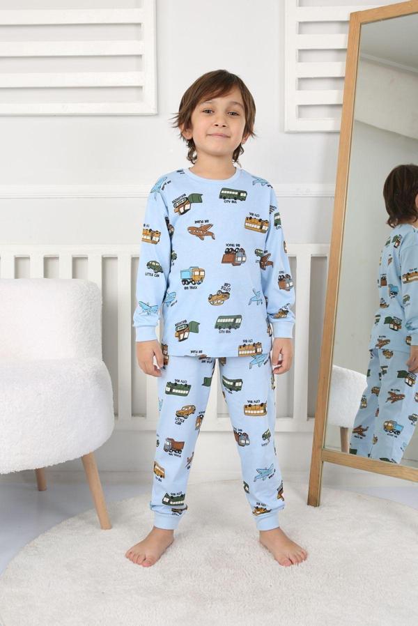 Transportation Veichle Desenli Çocuk Pijama Takımı (Alt-Üst) Mavi 3-8 Yaş - Image 1