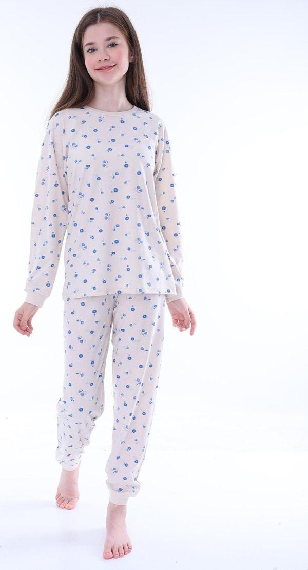 Minimal Çiçek Detaylı Mavi Kız Çocuk Pijama Takımı - Image 1