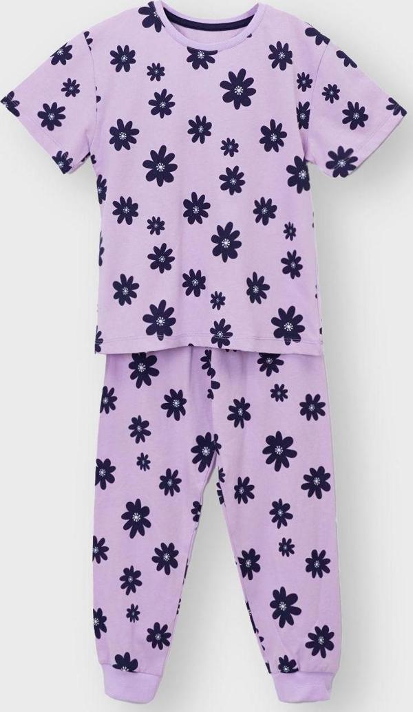 Mor Papatya Desenli Kısa Kollu Kız Çocuk Pijama Takımı - Image 1