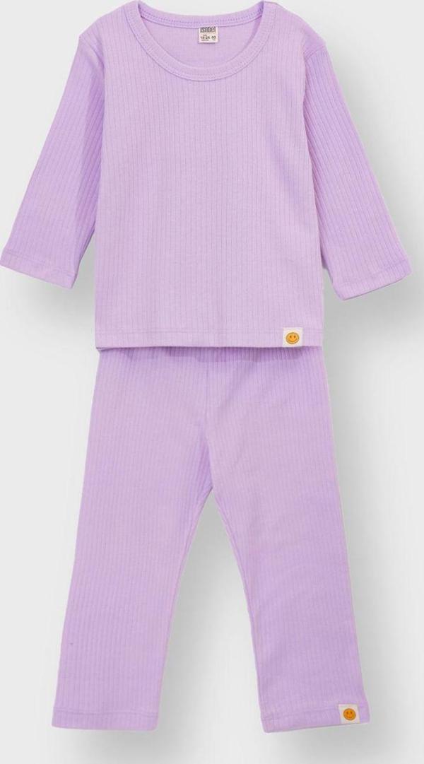Basic Fitilli İnterlok Kumaş %100 Pamuk 1-5 Yaş Lila Bebek Pijama Takımı - Image 1