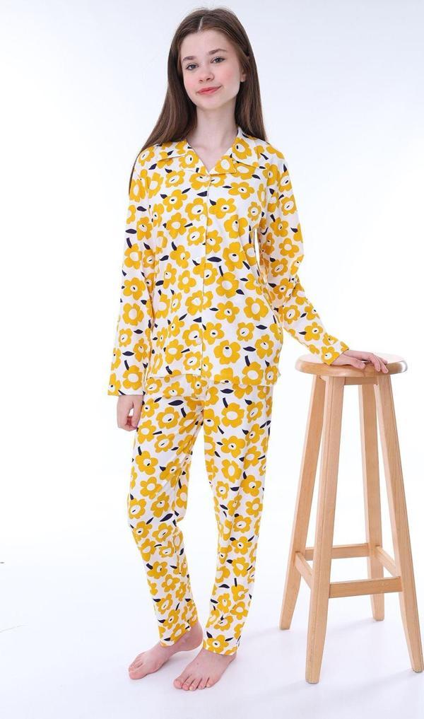 Sarı Papatya Desenli Düğmeli %100 Pamuk Kız Çocuk Pijama Takımı - Image 1