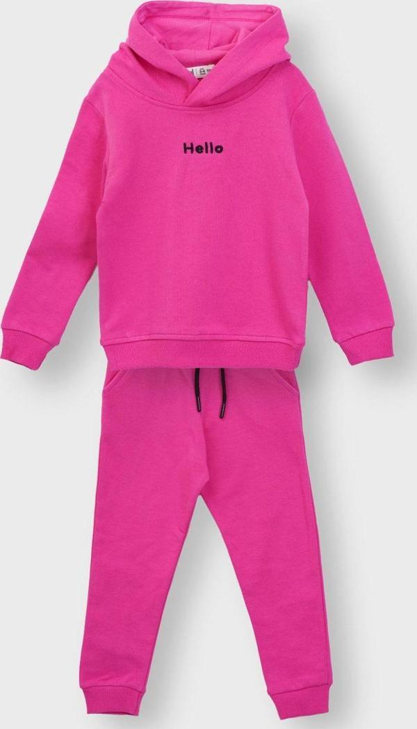 Kapüşonlu Hello Nakış Baskılı Basic Pembe Çocuk Eşofman Takımı - Image 1