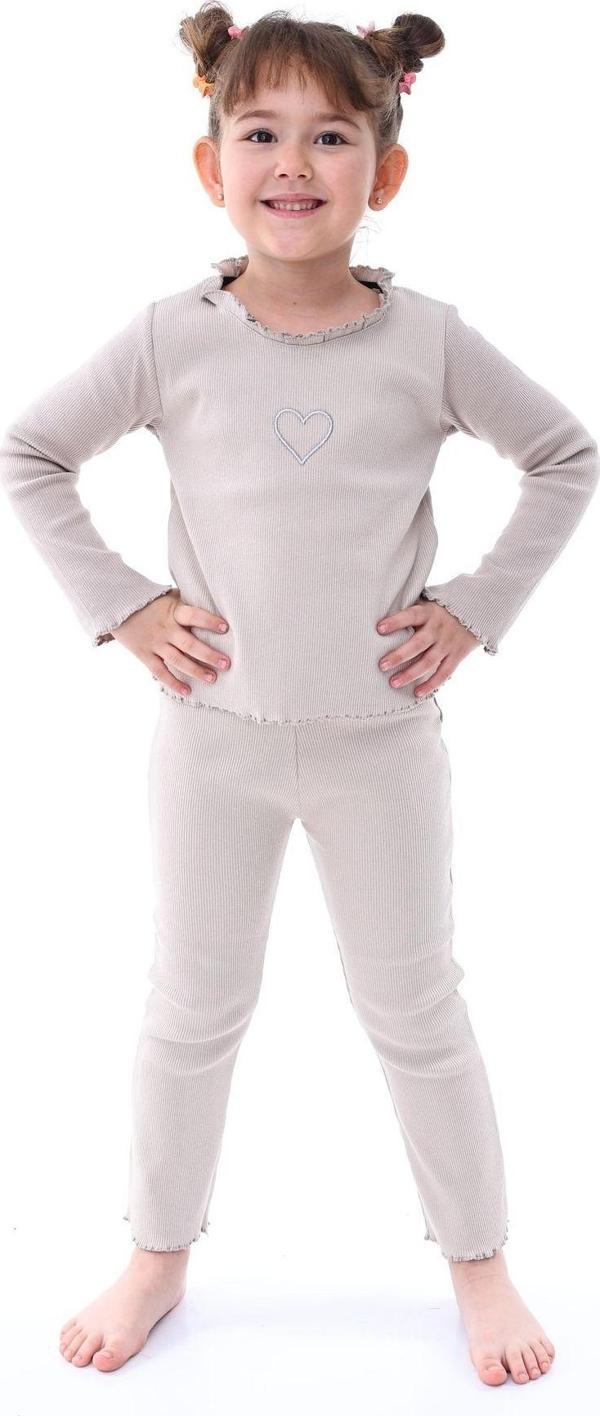 Kaşkorse Fırfırlı Nakış Detaylı Kız Çocuk Takım (Alt-Üst) Bej 3-8 Yaş - Image 1