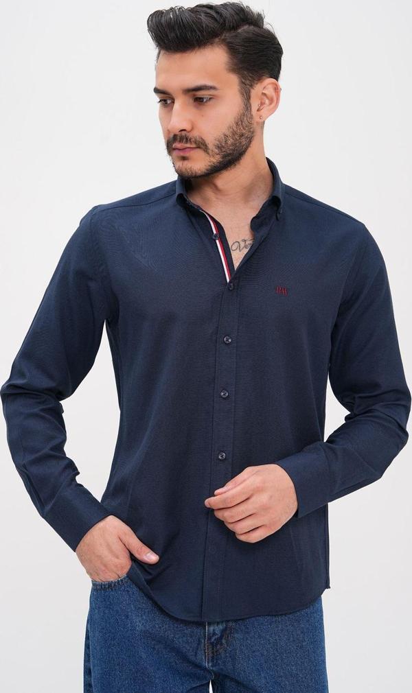 Basics&More Şerit Detaylı Regular Erkek Gömlek Lacivert M - Image 1
