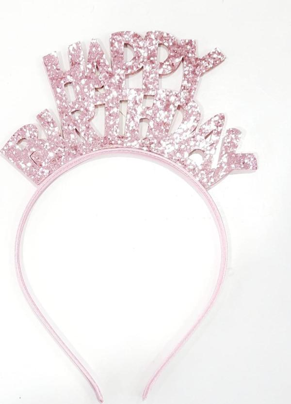 Happy Birthday Yazılı Doğum Günü Parti Tacı Simli Pembe - Image 1