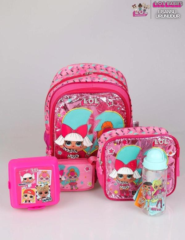 DEKOMUS İLE LİSANSLI LOL SURPRISE BÜYÜK BOY OKUL ÇANTASI,KALEM ÇANTASI,BESLENME ÇANTASI,BESLENME KABI VE 500 ML MATARA S - Image 1