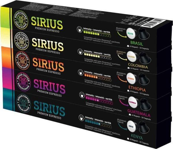 Sirius Nespresso Uyumlu Single Origin Kapsül Kahve 5'li Set (Ethiopia,Colombia,Guatemala,Kenya,Brasil)-50 Kapsül - Image 1