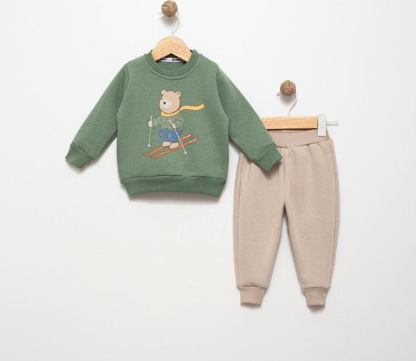 Favo Kids Erkek Çocuk Takım Baskılı Bej 6-9-12-18 Aylık Pamuklu Şardonlu 3 İp Fv-15801 Yeşil 9 Ay - Image 1