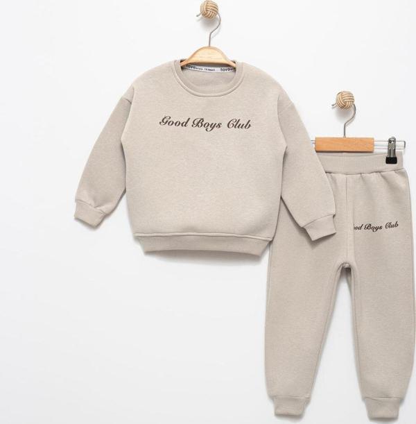 Favo Kids Erkek Çocuk 2-3-4-5 Yaş Pamuklu Şardonlu 3 İp Sweatshirt Jogger Basic Takım Good Boys Club Baskılı Bej 3 Yaş - Image 1