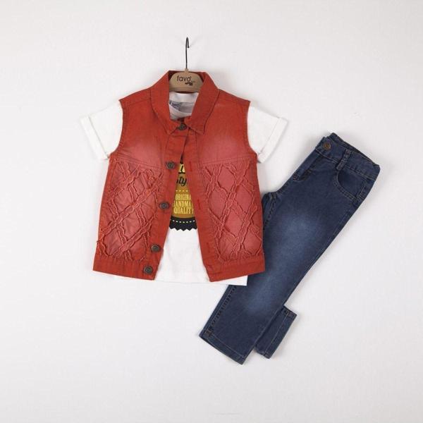 Favo Kids Vintage Baskılı 3Lü Kot Takım 2-3-4-5 Yaş Kiremit 2 Yaş - Image 1